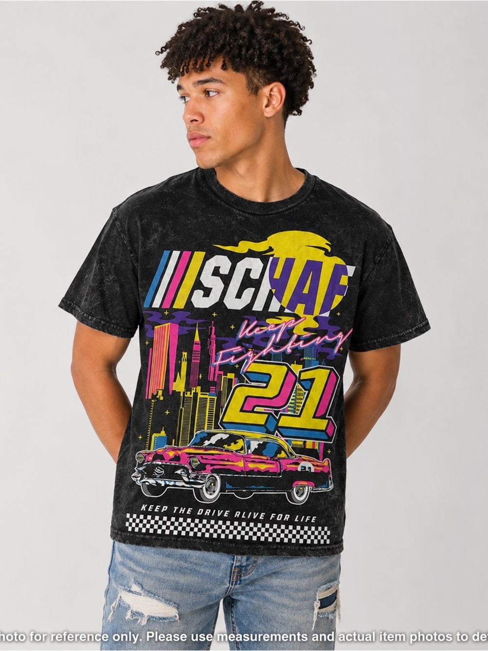 Schaf Racing Graphic Tee Mens M Black Acid Wash Neon Car Streetwear Shirt
